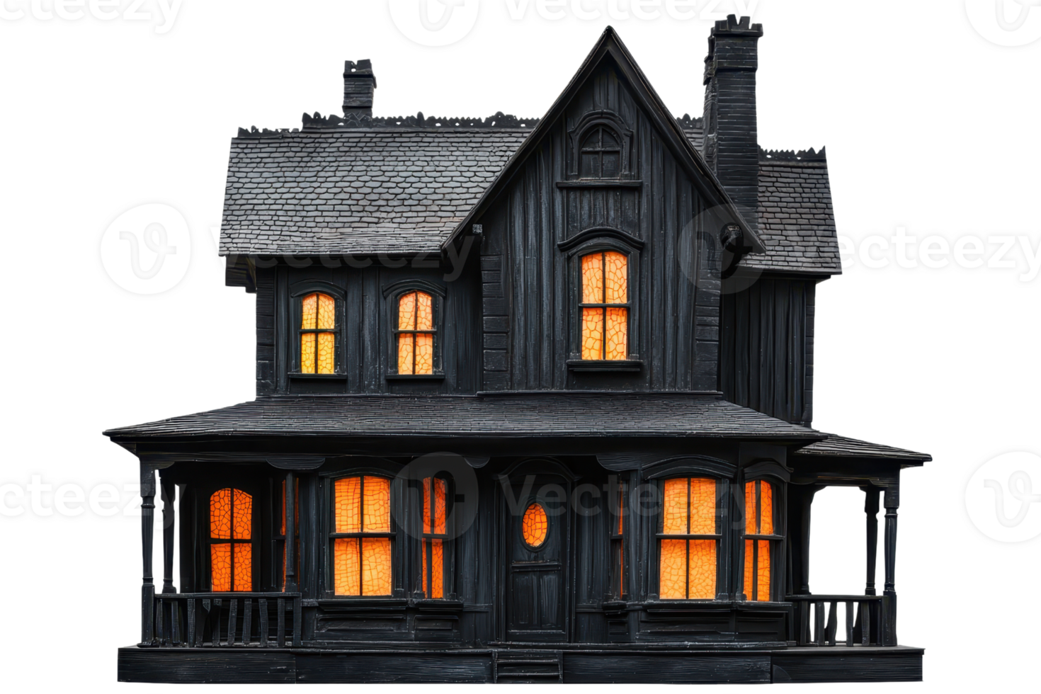 A dark, eerie house with glowing windows, featuring a steep roof and vintage architectural details. png