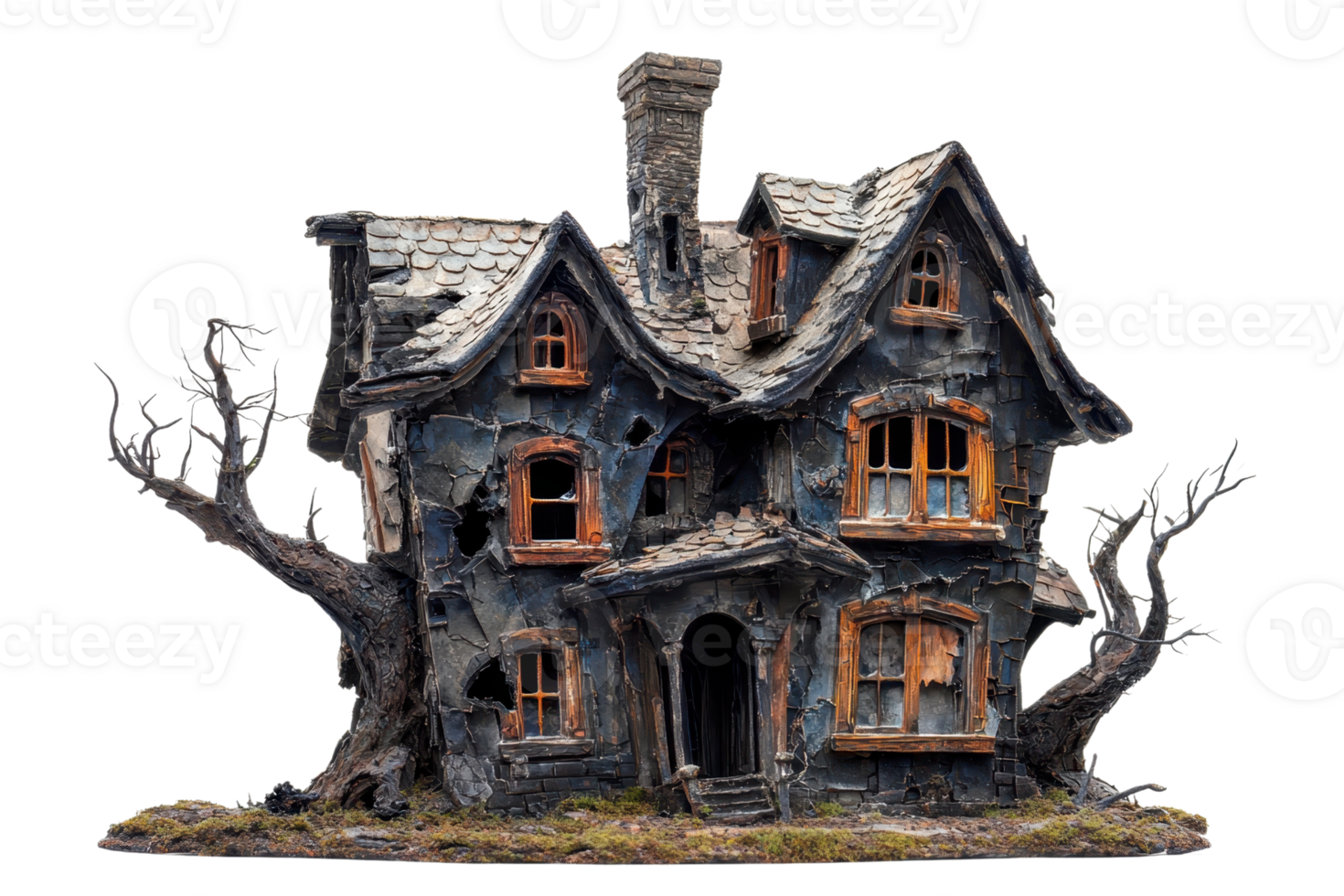 A spooky, old house with dark exterior, broken windows, and twisted trees surrounding it. png