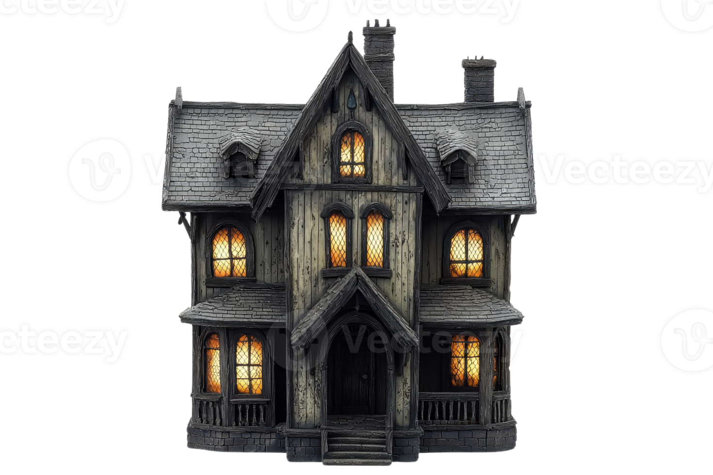 A dark, eerie house with illuminated windows, featuring intricate architectural details and a gothic design. png