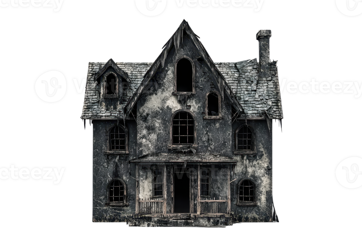 A dilapidated, haunted house with a dark, eerie appearance, featuring broken windows and a weathered facade. png