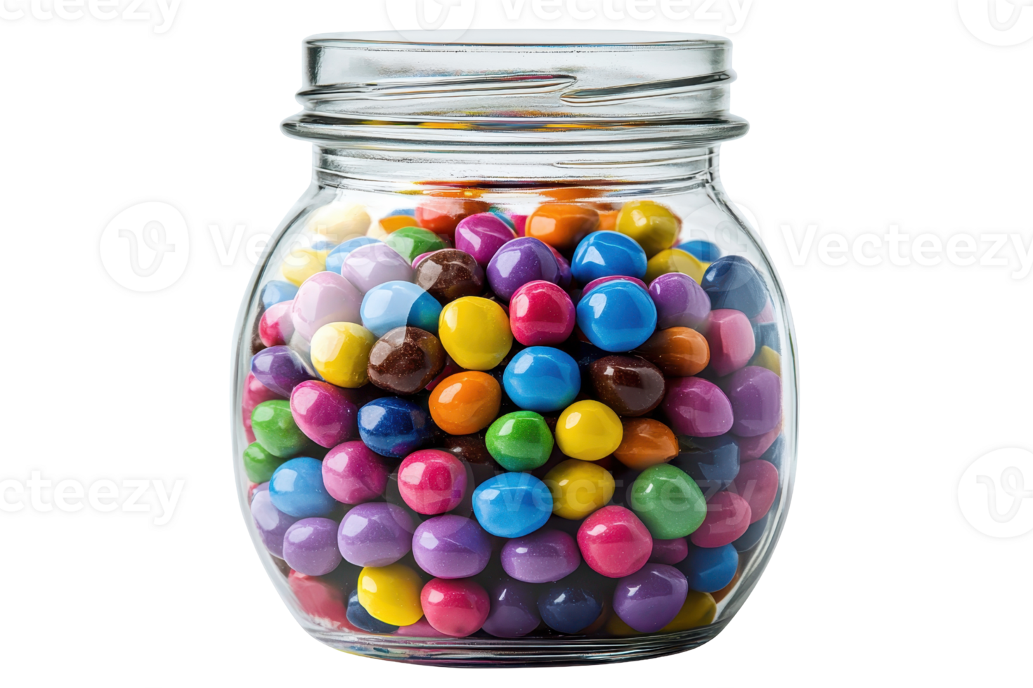 A glass jar filled with colorful, round candies in various vibrant shades. png