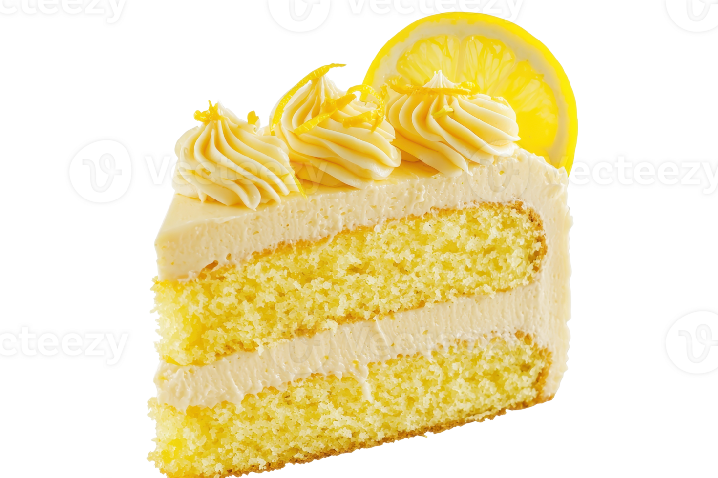 A moist lemon cake slice with creamy frosting and decorative swirls, topped with a lemon slice. png