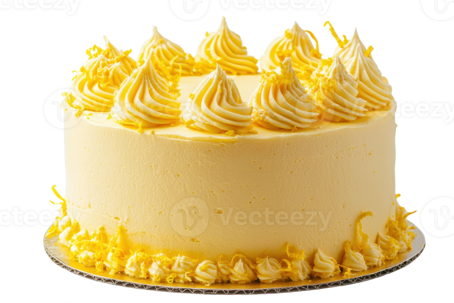 A delicious yellow cake adorned with swirls of creamy frosting, featuring a smooth texture and a decorative edge. png