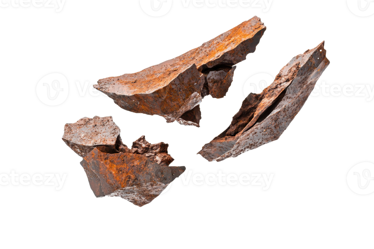 Three irregularly shaped pieces of rusty metal with rough textures and varying colors of brown and orange. png