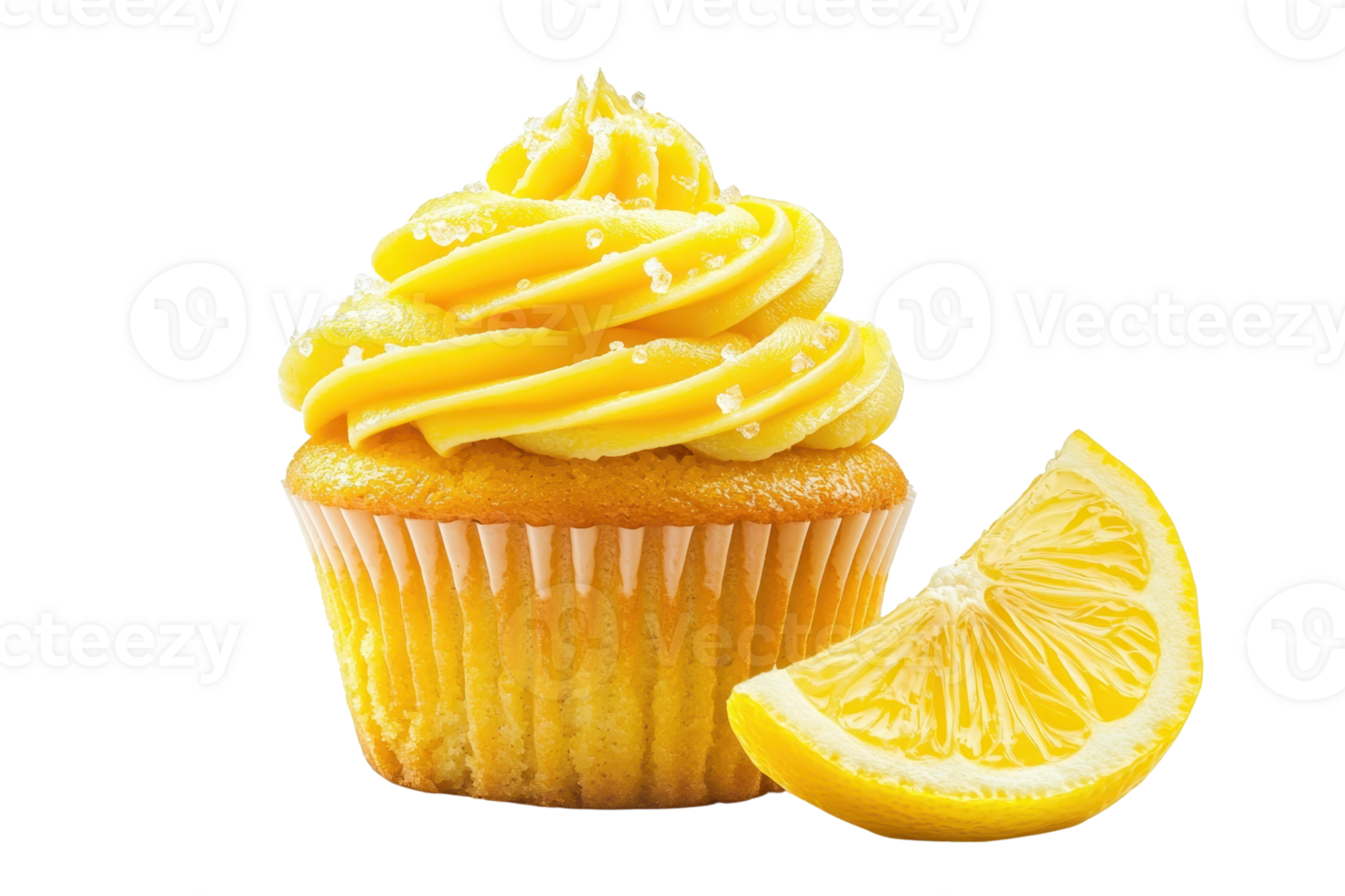 A delightful lemon cupcake topped with yellow frosting, accompanied by a fresh lemon slice. png