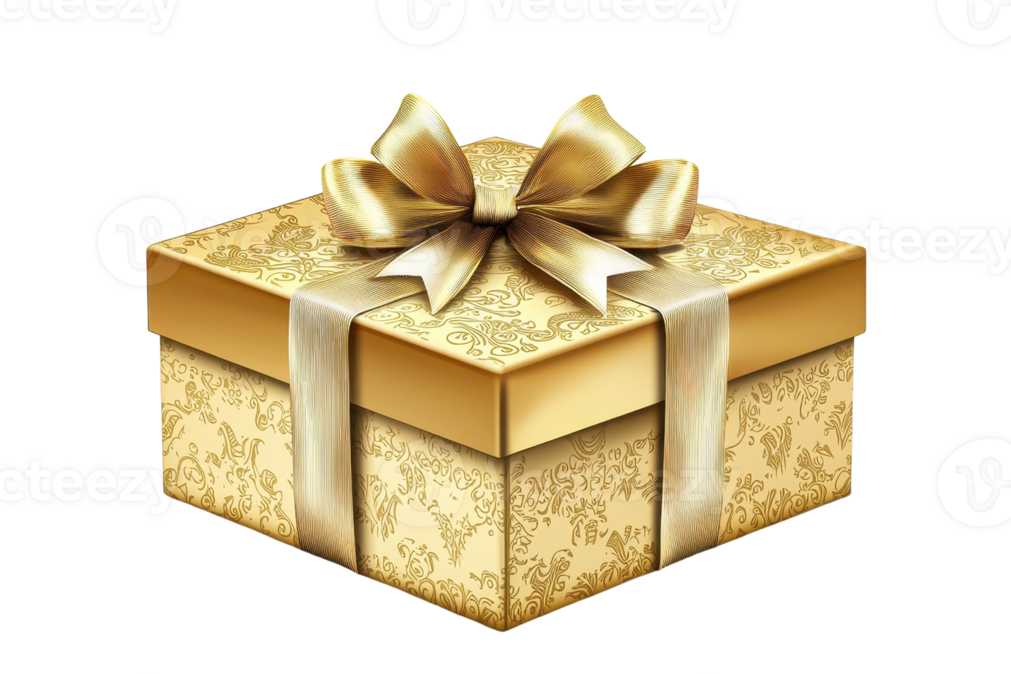 A beautifully wrapped gold gift box adorned with an elegant bow and intricate patterns. png
