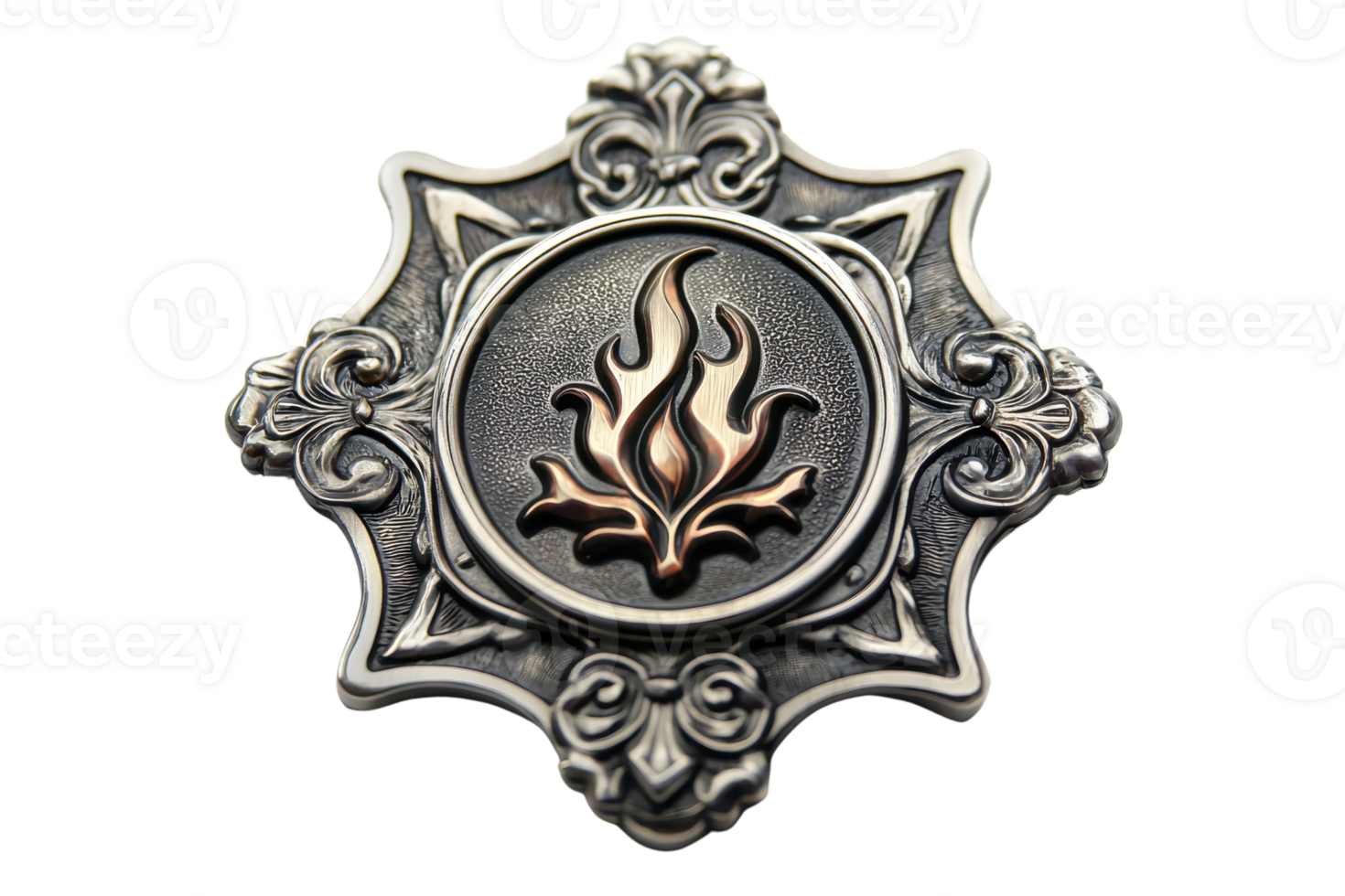 A decorative badge featuring an intricate flame design at its center, crafted with metallic elements and ornate detailing. png