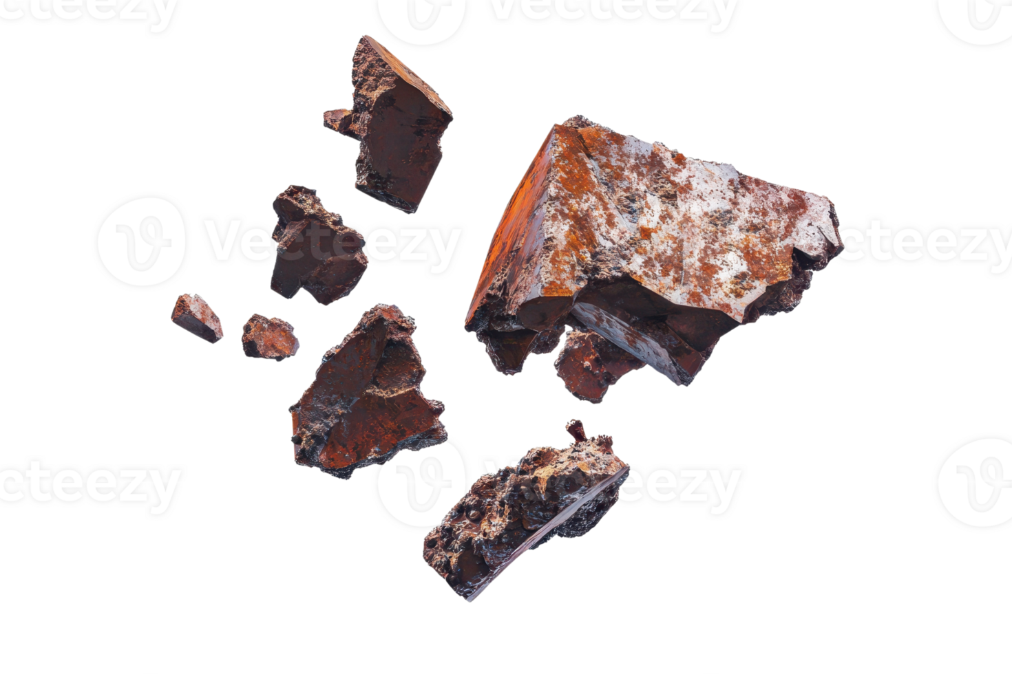 A collection of jagged, reddish-brown rock fragments exhibiting a rough, textured surface and varying sizes. png