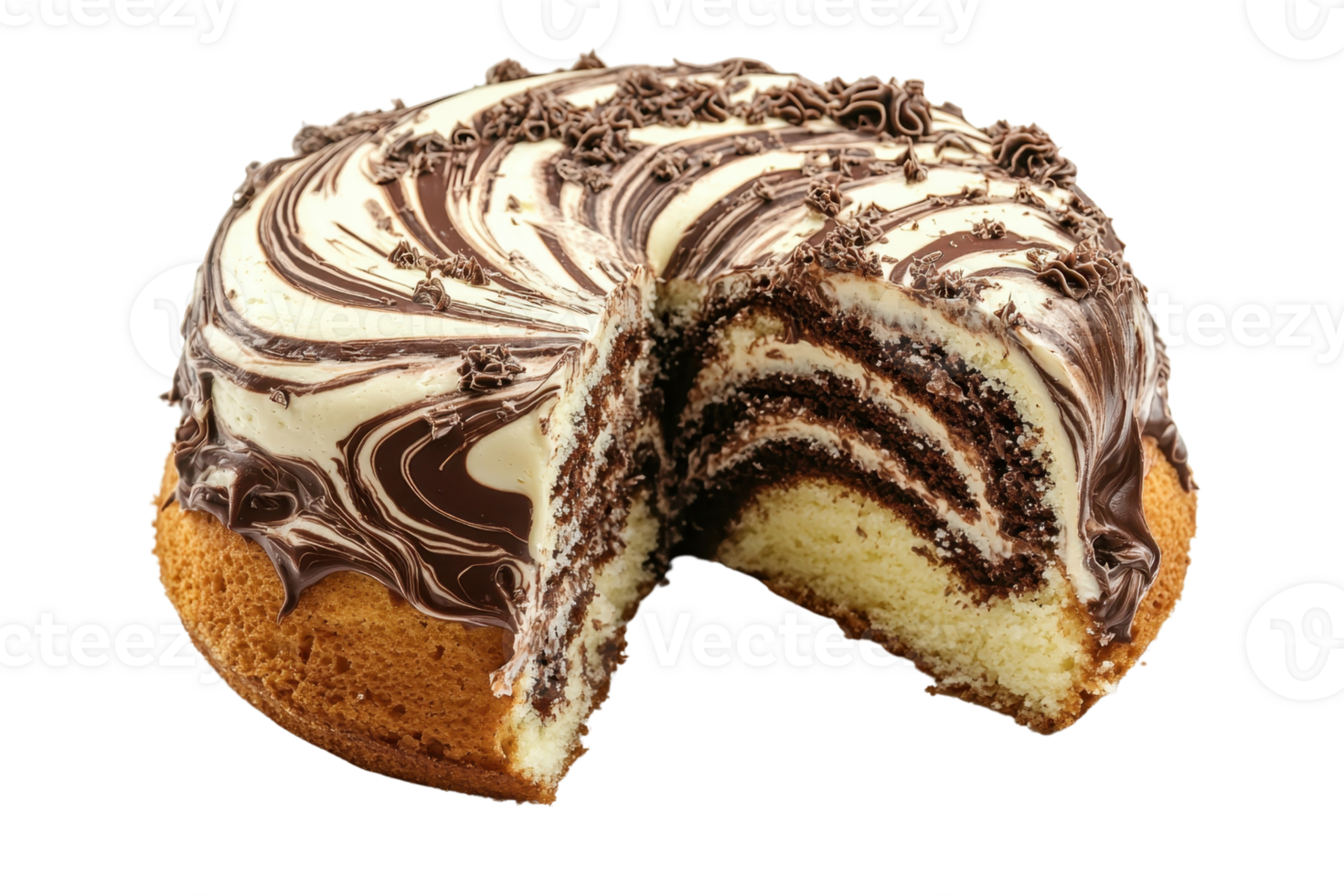 A deliciously frosted cake with a moist interior, showcasing a rich chocolate and vanilla swirl design, partially sliced to reveal its layers. png