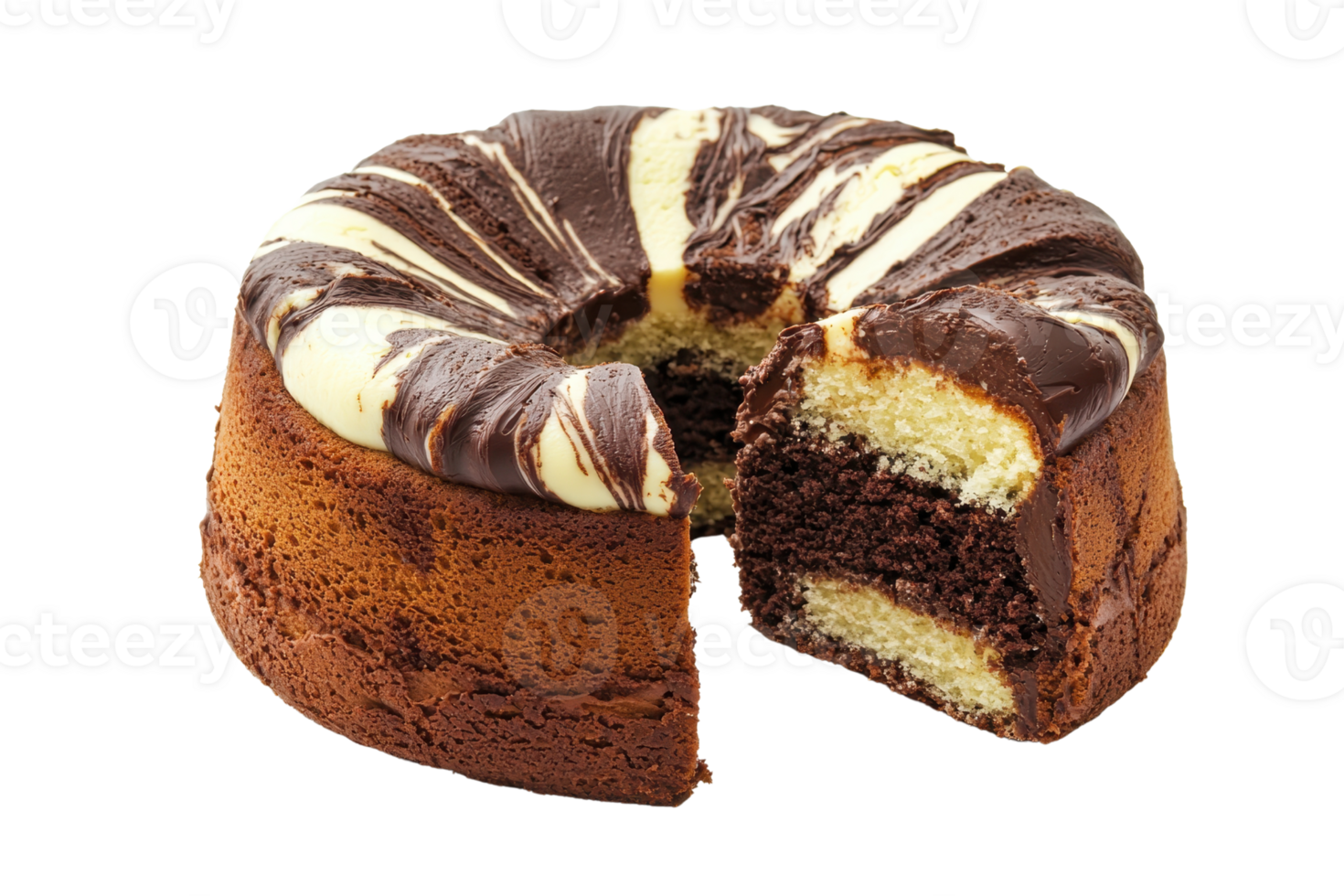 A delicious marble cake with a rich chocolate and vanilla swirl, showcasing a moist texture and inviting appearance. png