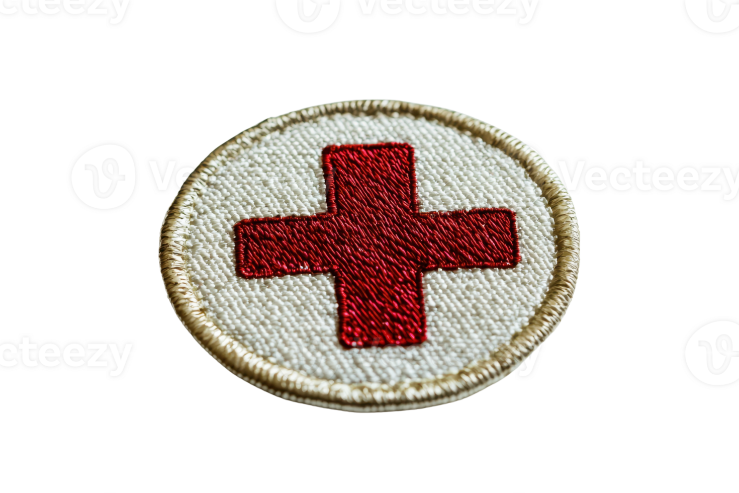 A circular embroidered patch featuring a prominent red cross on a beige background. png
