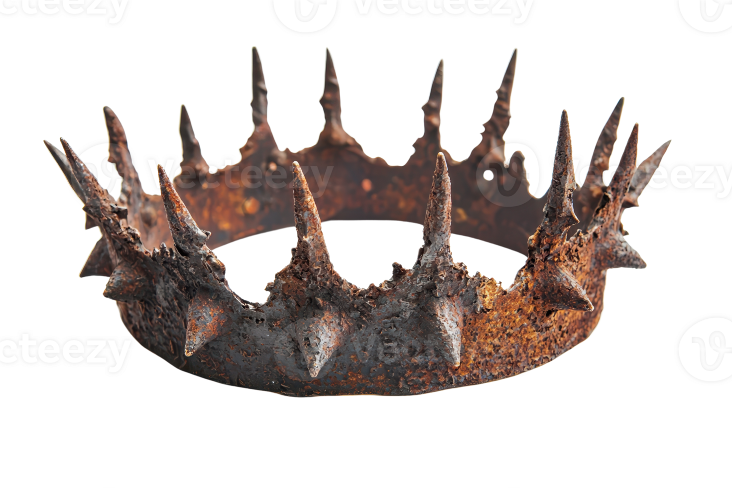 A rusted crown adorned with sharp spikes, showcasing a weathered and menacing design, symbolizing power and danger. png