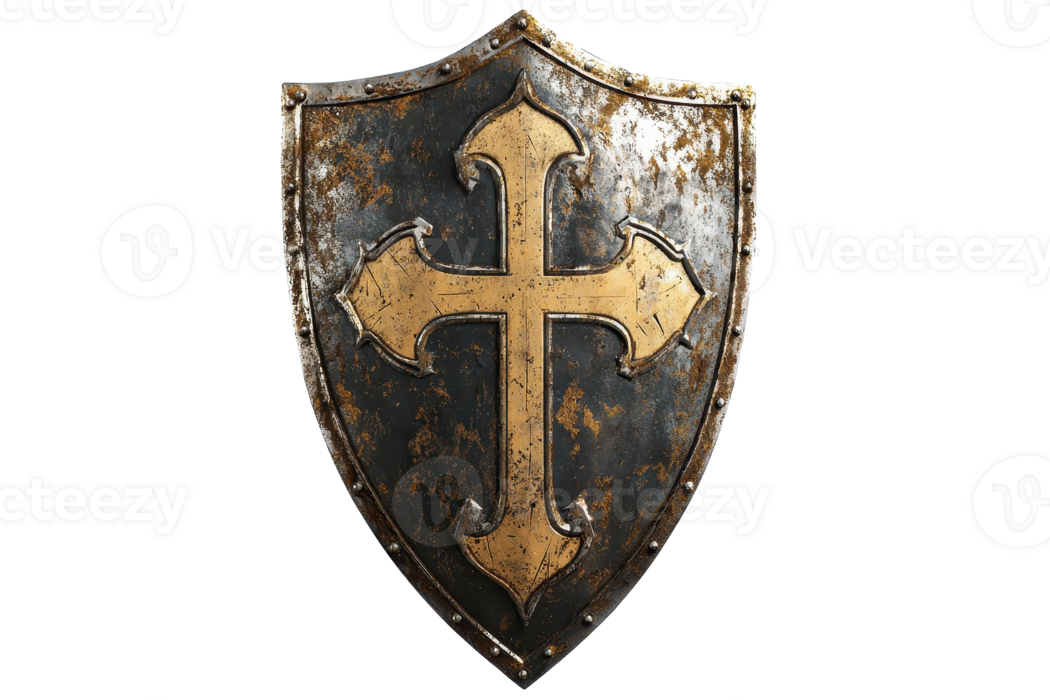 A medieval shield featuring a prominent cross design, showcasing a weathered metal surface with golden accents. png