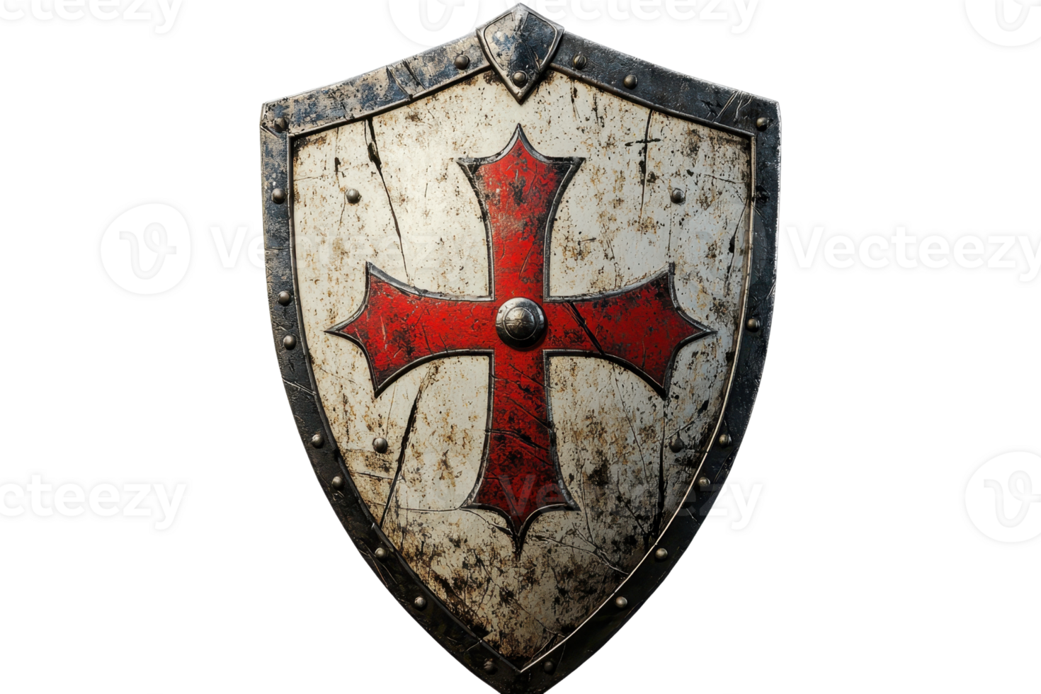 A medieval shield featuring a prominent red cross on a weathered surface, symbolizing chivalry and protection. png