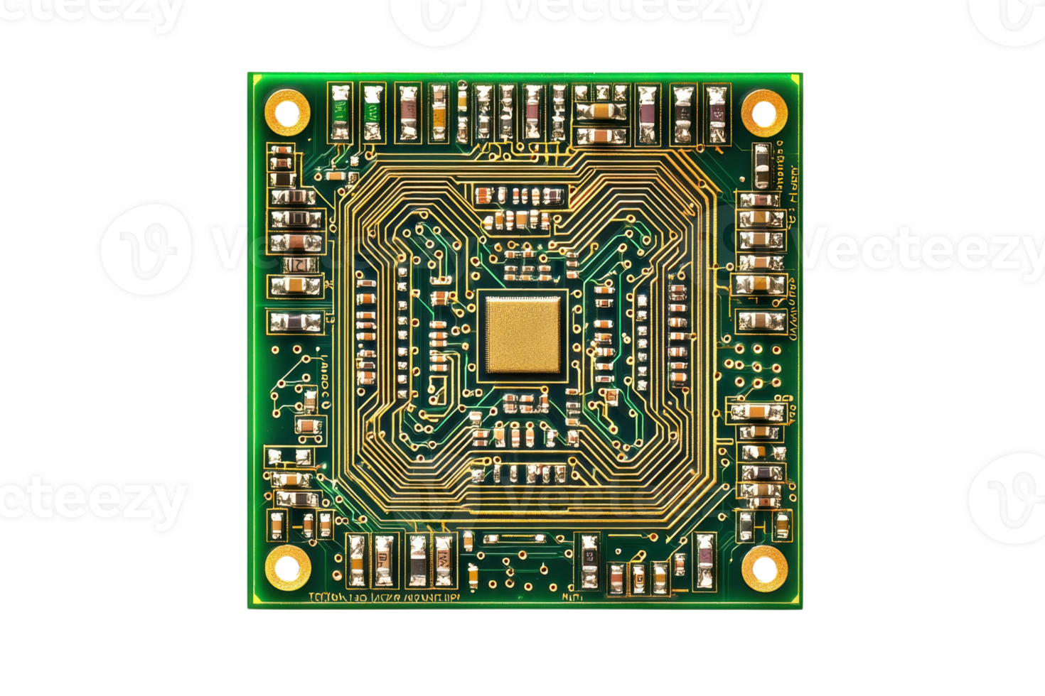 A detailed microchip featuring intricate circuit patterns and connections, designed for electronic devices. png