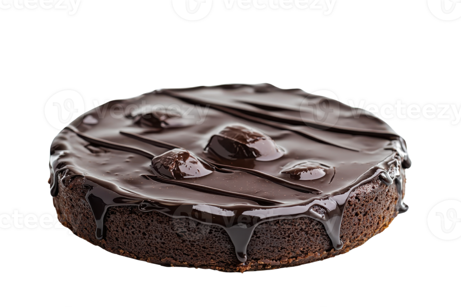A rich chocolate cake with glossy ganache drizzled on top, featuring a smooth surface and decorative chocolate pieces. png