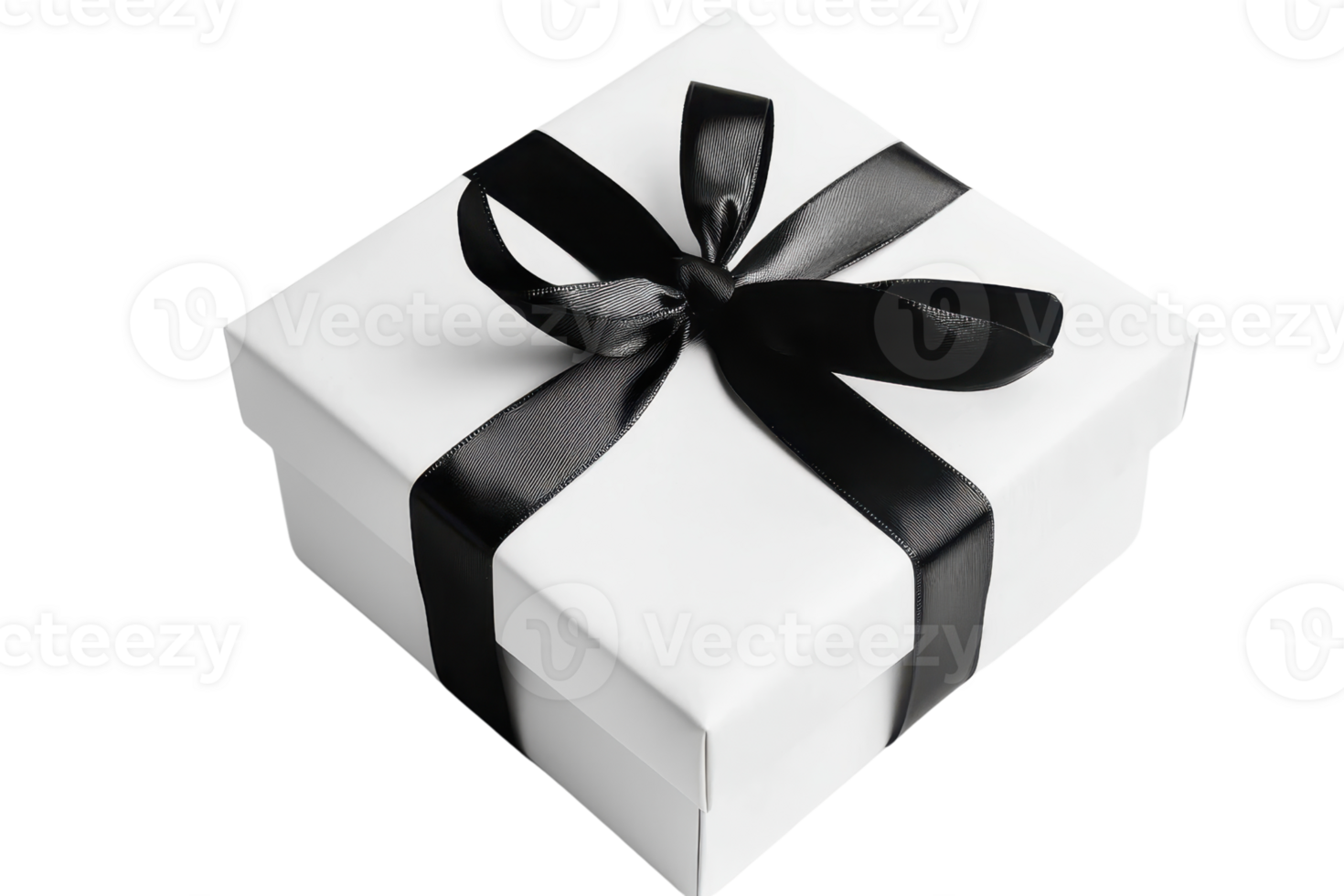 A wrapped white gift box with a black ribbon elegantly tied into a bow on top. png