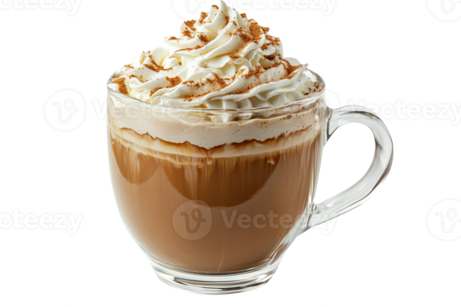 A creamy coffee beverage topped with whipped cream and caramel drizzle in a glass cup. png