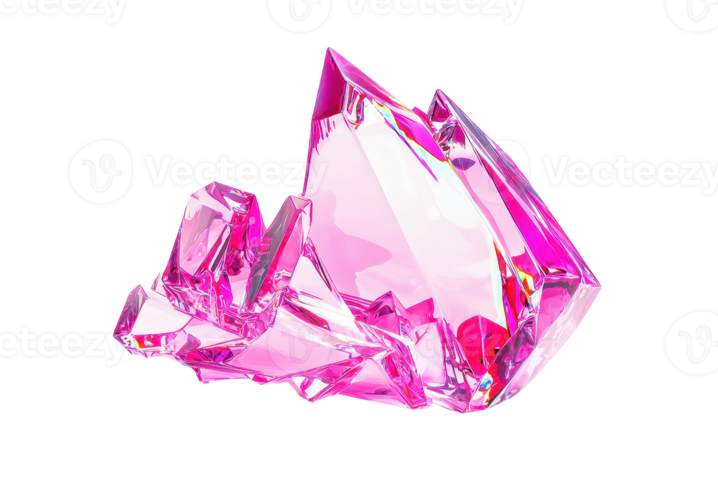 A shiny, pink crystal with sharp edges and intricate facets, showcasing a blend of light reflections and vibrant color. png