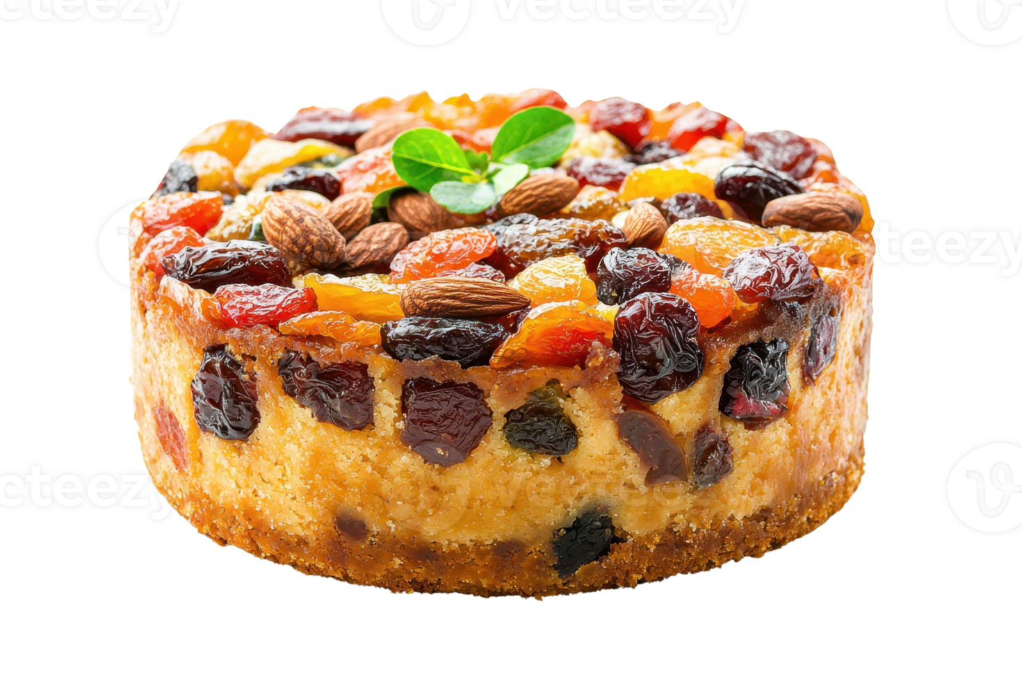 A round fruitcake topped with a colorful assortment of dried fruits and nuts, showcasing a rich, textured surface. png