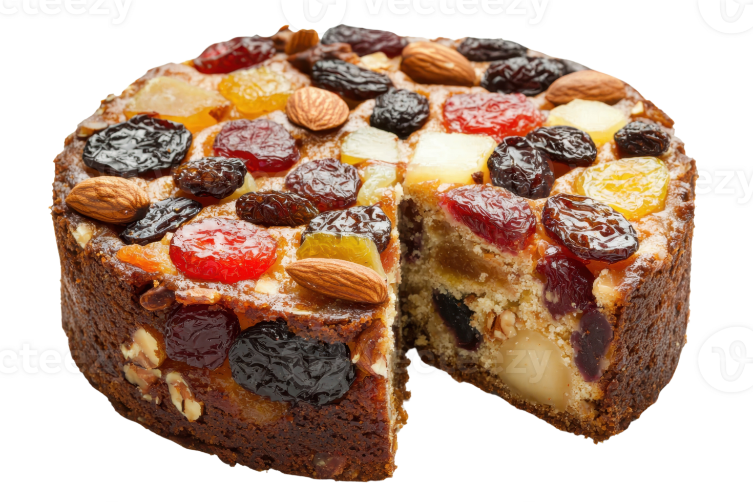 A richly decorated fruitcake with assorted dried fruits and nuts, showcasing a moist texture and vibrant colors. png