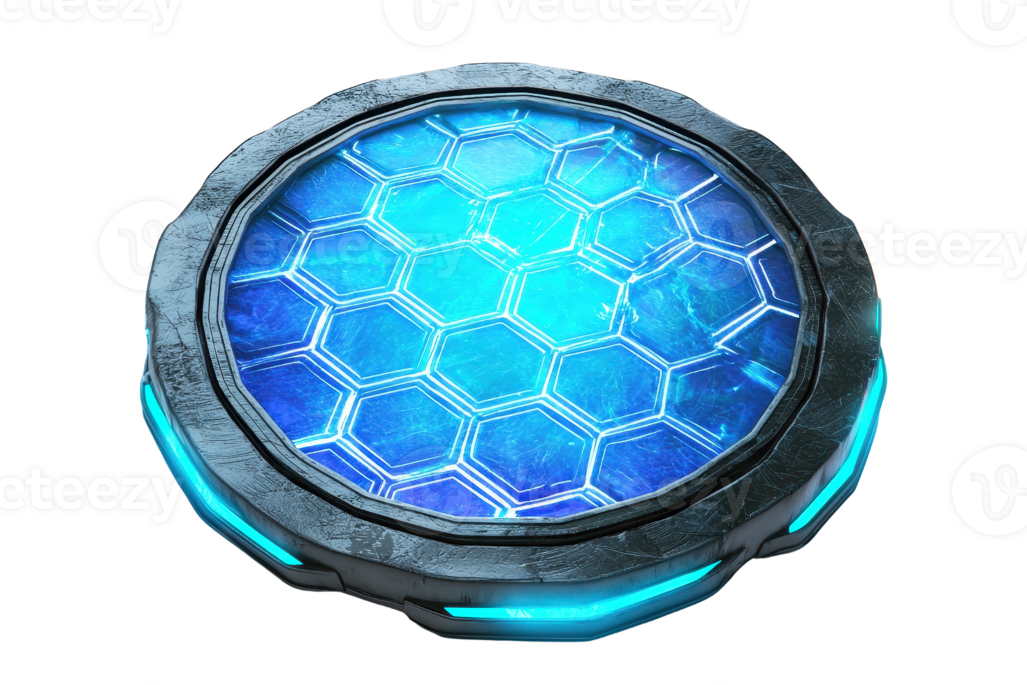 A circular, futuristic platform featuring a hexagonal pattern and glowing blue accents, designed with a metallic frame. png