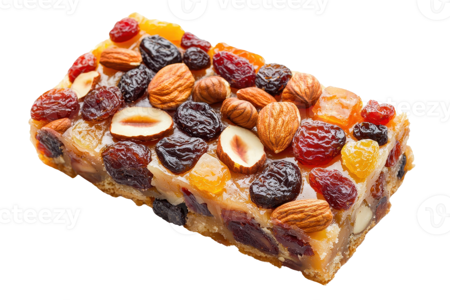 A colorful fruit and nut bar featuring a mix of almonds, raisins, and dried fruits, showcasing a blend of textures and vibrant hues. png
