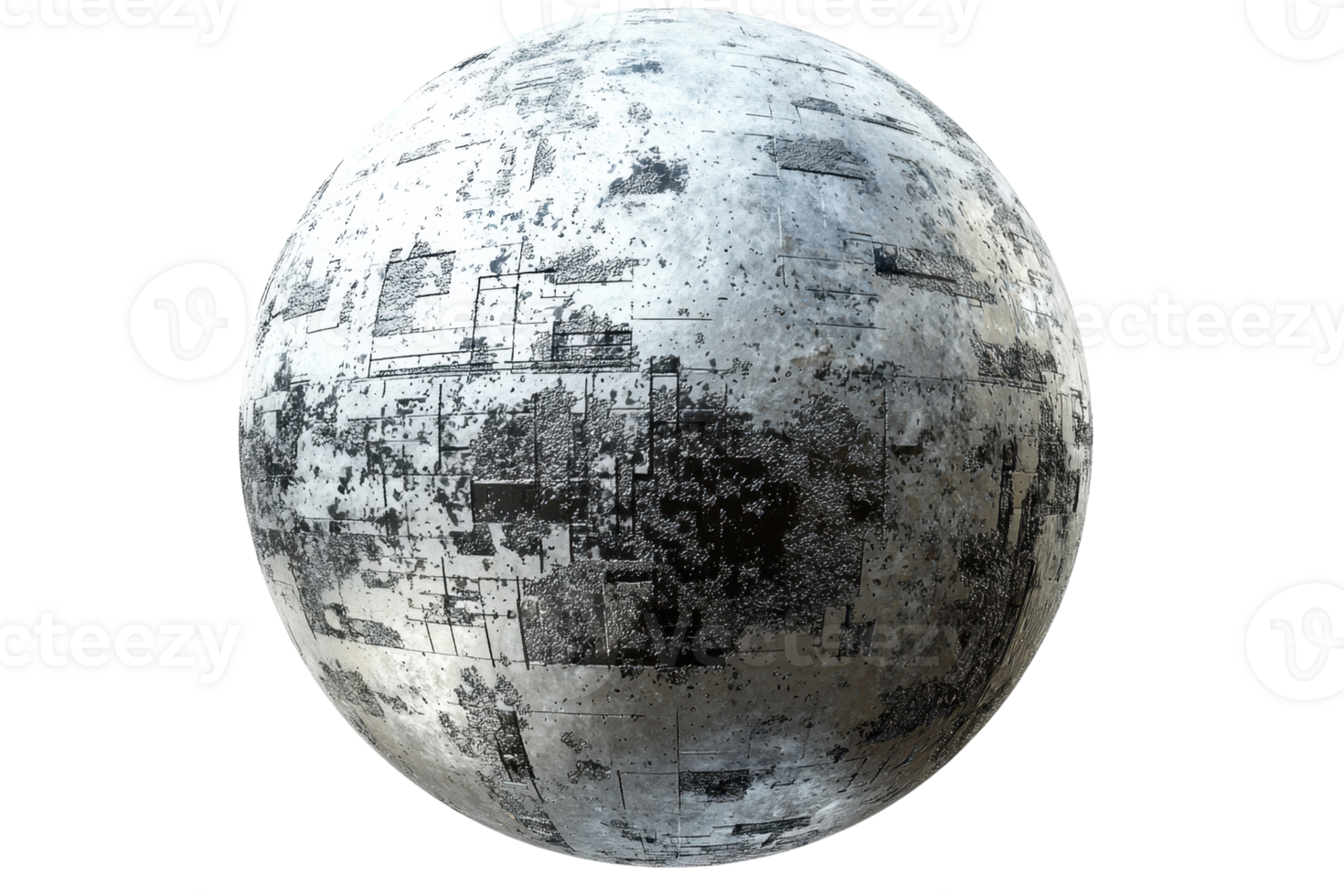 A detailed, textured sphere resembling a moon or planetary surface, featuring intricate patterns and a metallic appearance. png