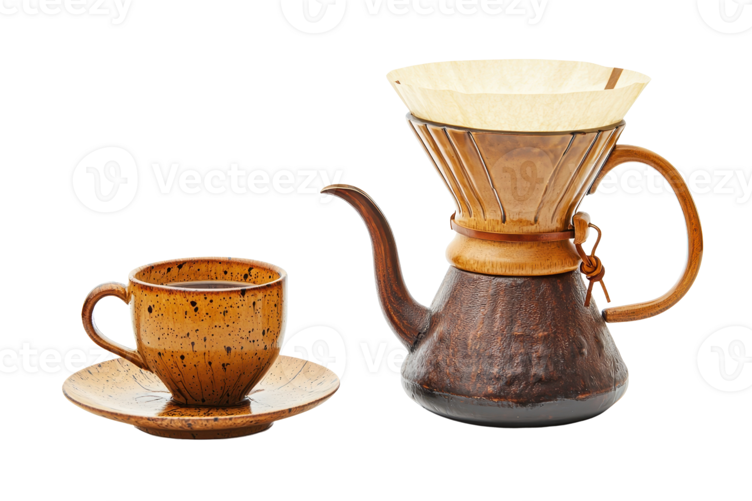 A ceramic coffee pot and cup set, showcasing earthy tones and a rustic design, perfect for brewing and enjoying coffee. png