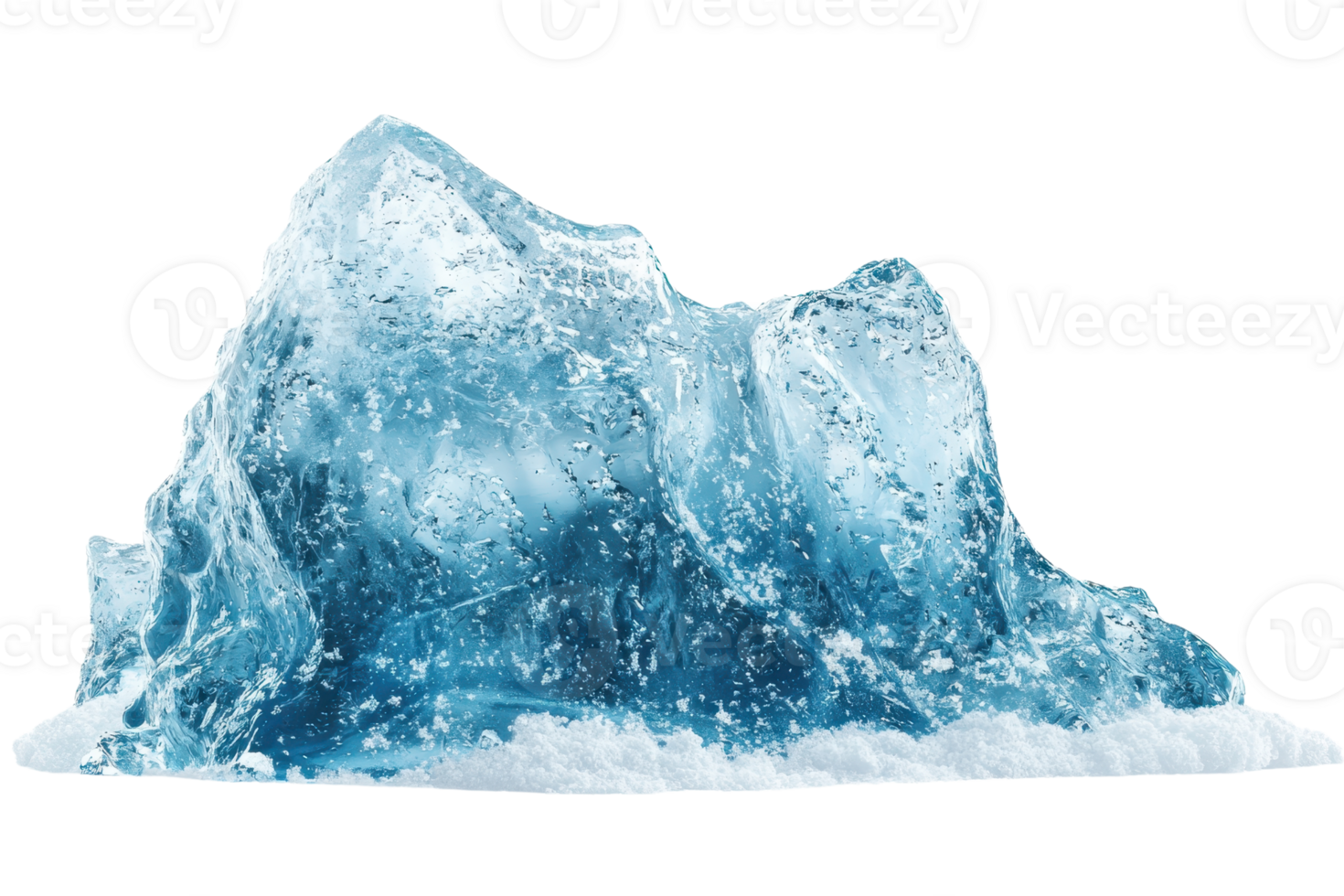 A clear ice sculpture resembling a small iceberg, showcasing intricate textures and a vibrant blue hue. png
