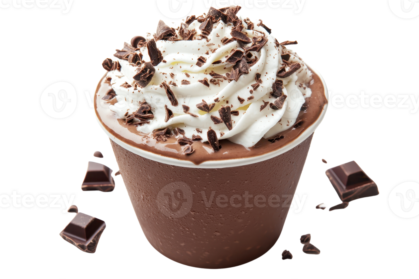 A delicious dessert featuring rich chocolate mousse topped with whipped cream and chocolate shavings. png