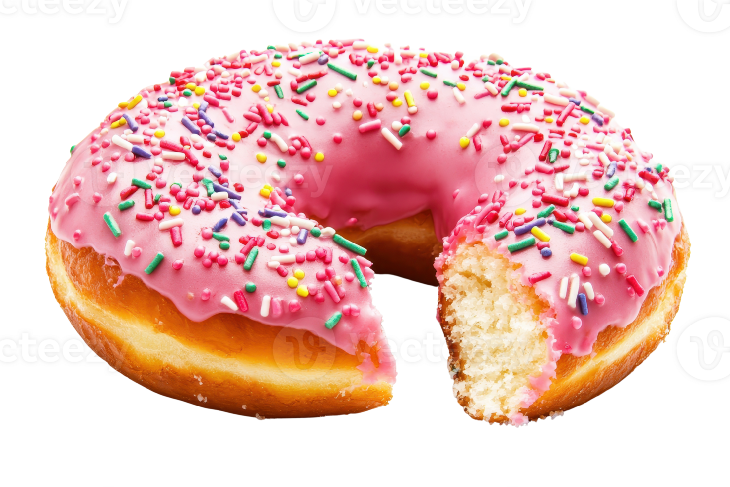 A round donut with pink icing and colorful sprinkles, partially taken out, showcasing its soft, fluffy texture. png