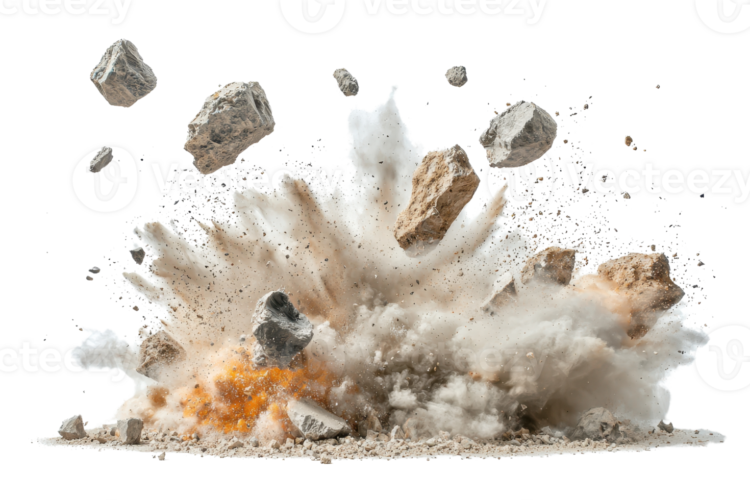 A dynamic explosion with debris and dust dispersing violently, showcasing a powerful release of energy. png