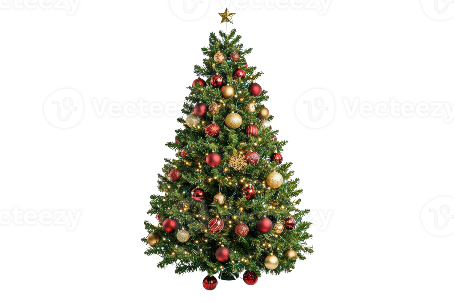 A beautifully adorned Christmas tree with colorful ornaments and twinkling lights, topped with a star. png