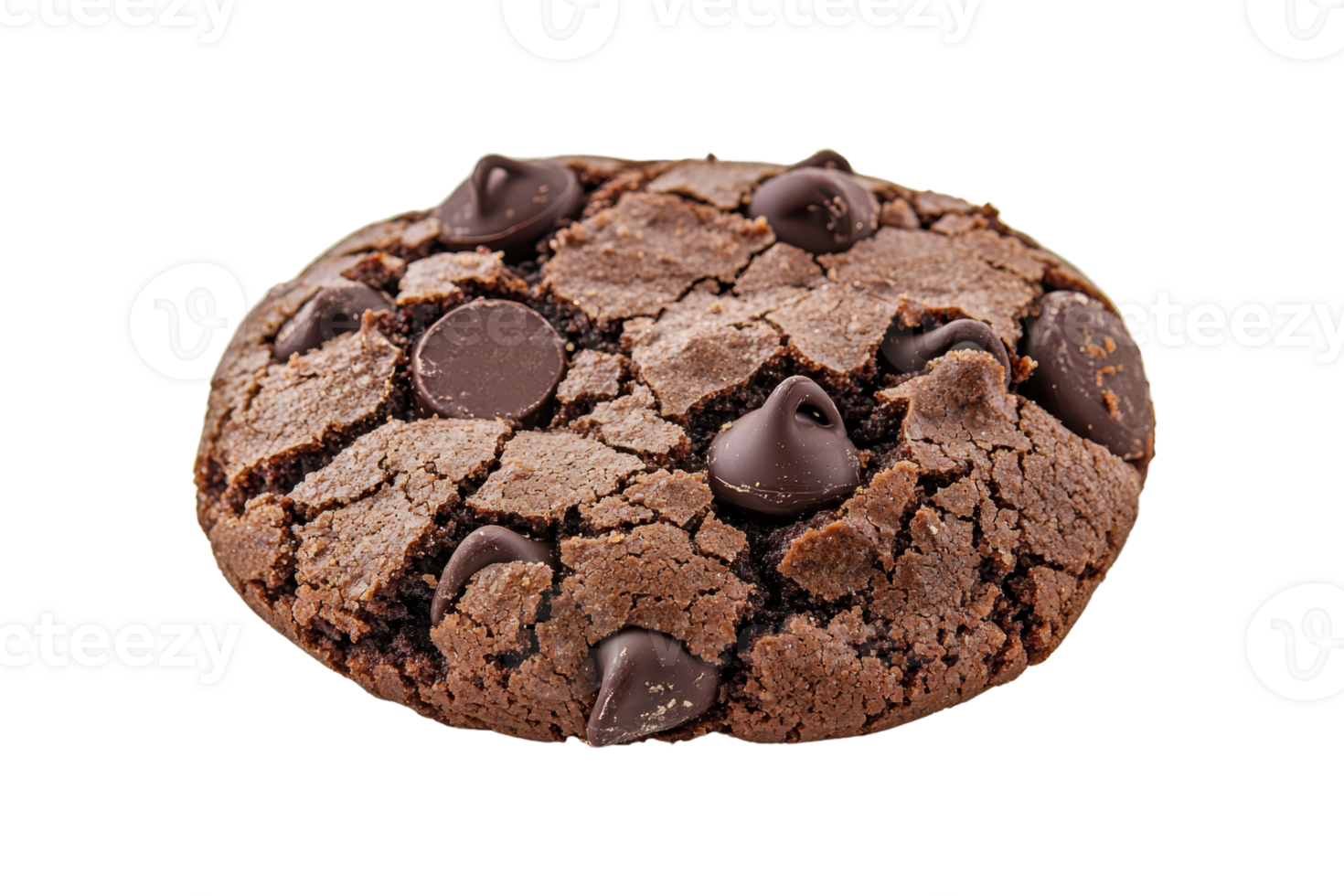 A delicious chocolate cookie with a cracked surface and semi-sweet chocolate chips scattered throughout. png