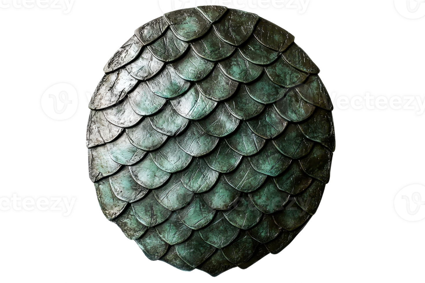 A round shield featuring a textured surface of overlapping scales with a greenish hue. png
