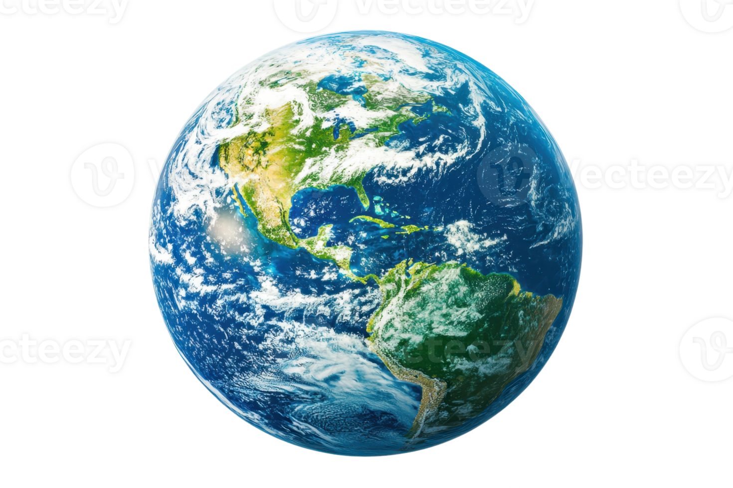 A vibrant depiction of Earth showcasing its continents, oceans, and atmospheric clouds in a captivating view. png