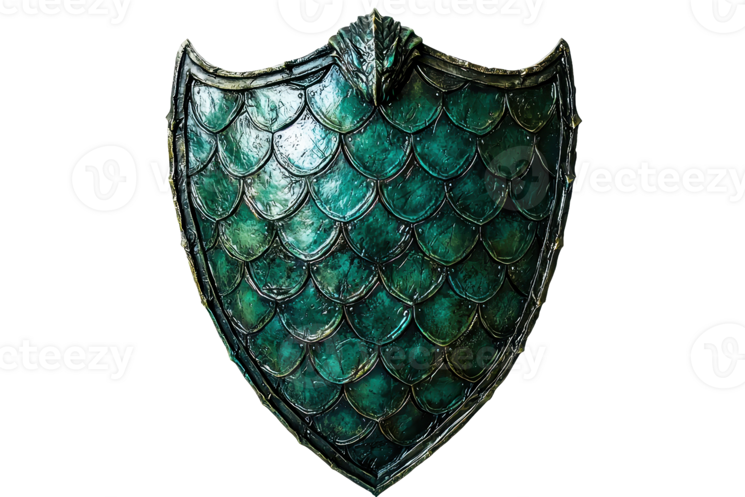 A decorative shield with a textured, scaly pattern featuring a greenish hue and a prominent crest at the top. png