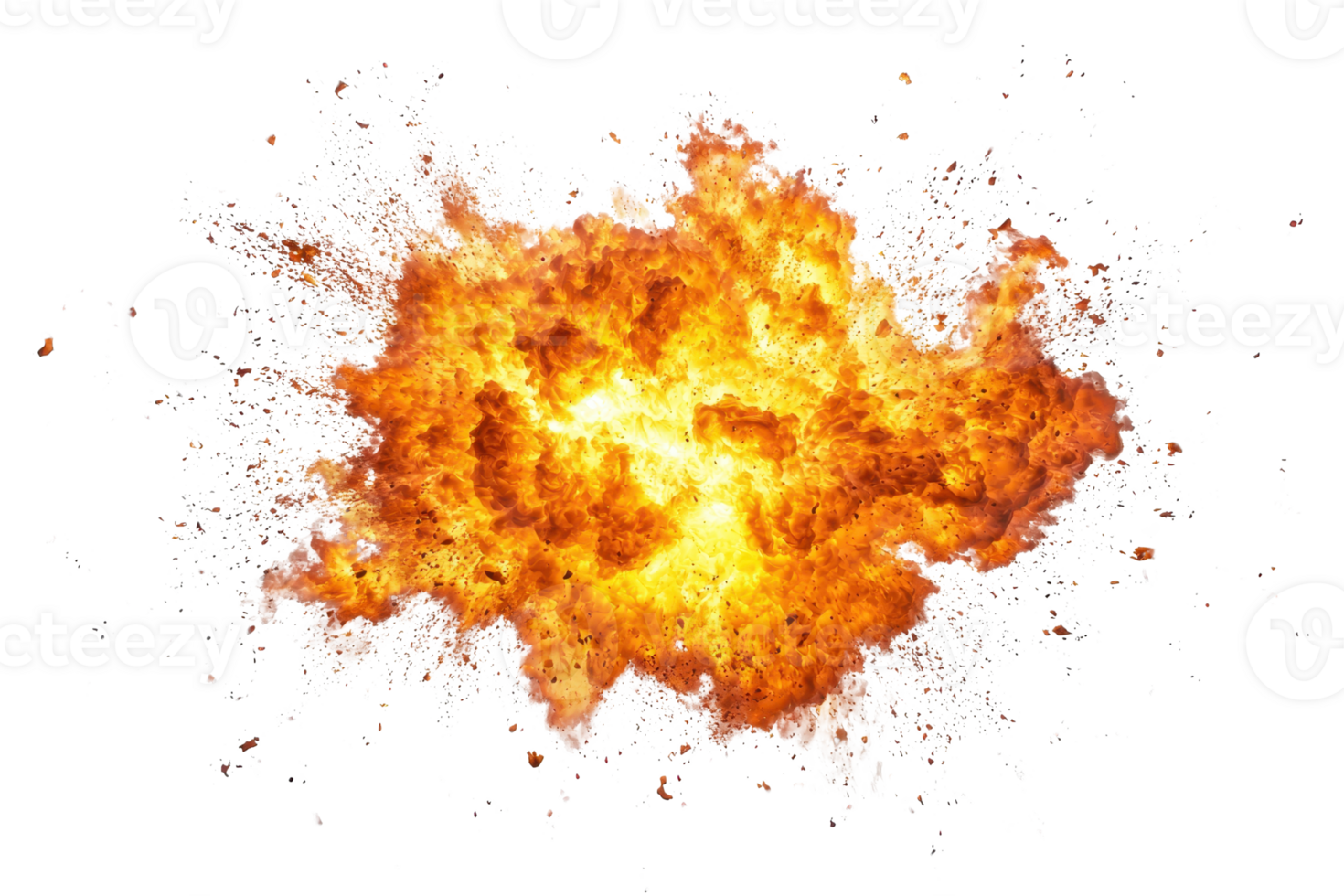 A vibrant explosion radiating orange and yellow flames, with splashes of debris and smoke, creating a dynamic and intense visual effect. png