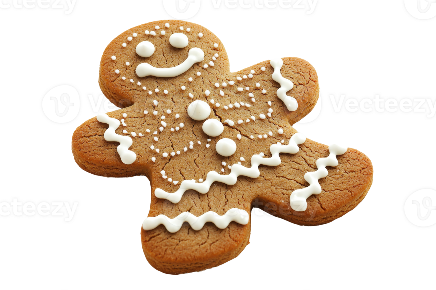 A smiling gingerbread man cookie decorated with icing and sugar, showcasing a festive design. png