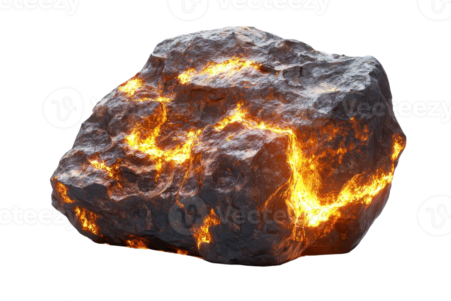 A rugged rock emitting glowing lava-like fissures, showcasing a striking contrast between dark stone and bright orange illumination. png