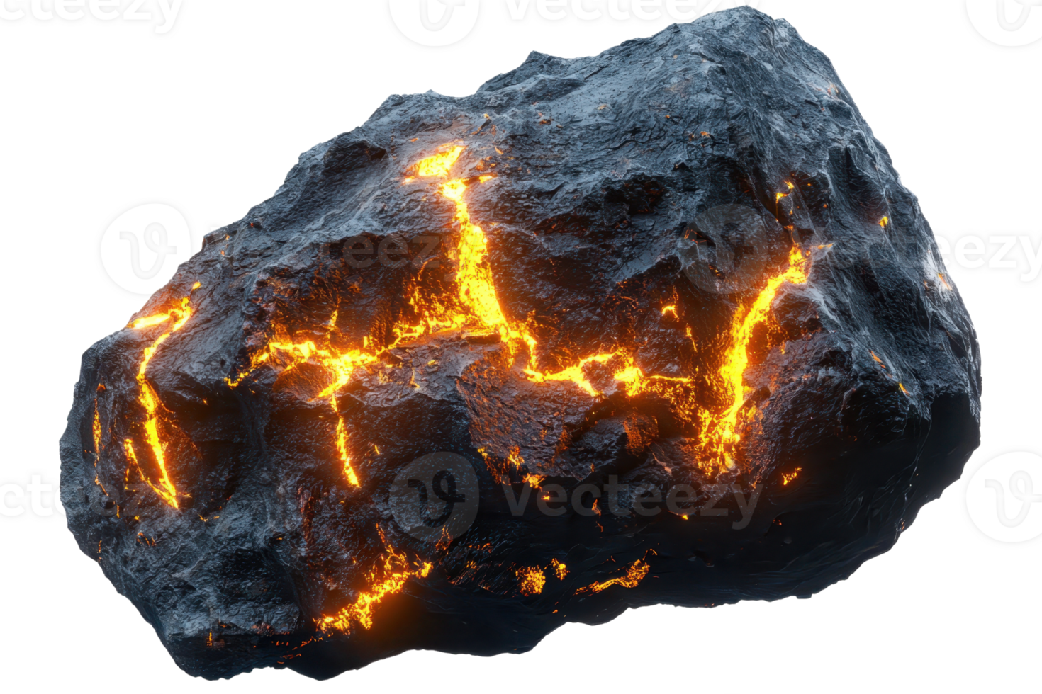 A volcanic rock with glowing lava cracks, showcasing a rough texture and dramatic color contrast between the dark surface and fiery streaks. png