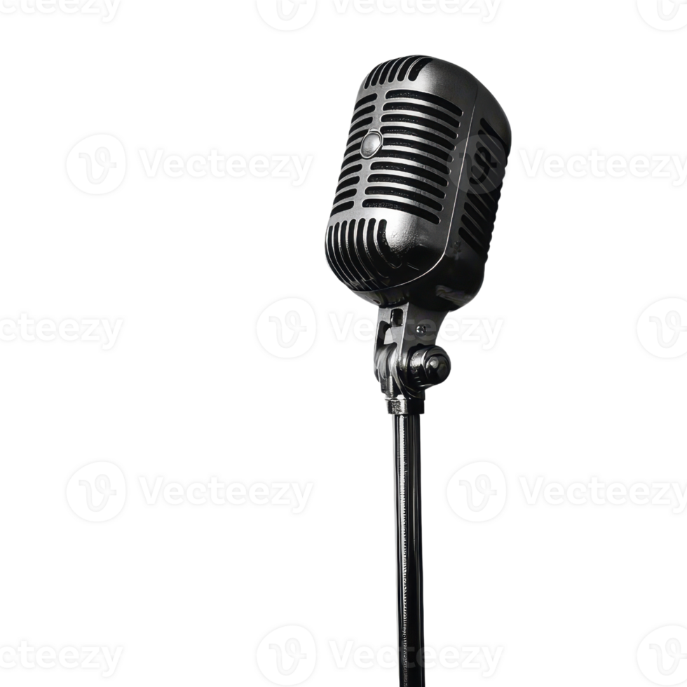 A classic microphone stands tall, showcasing its vintage design and sleek finish, ready to capture sound and amplify performances. png