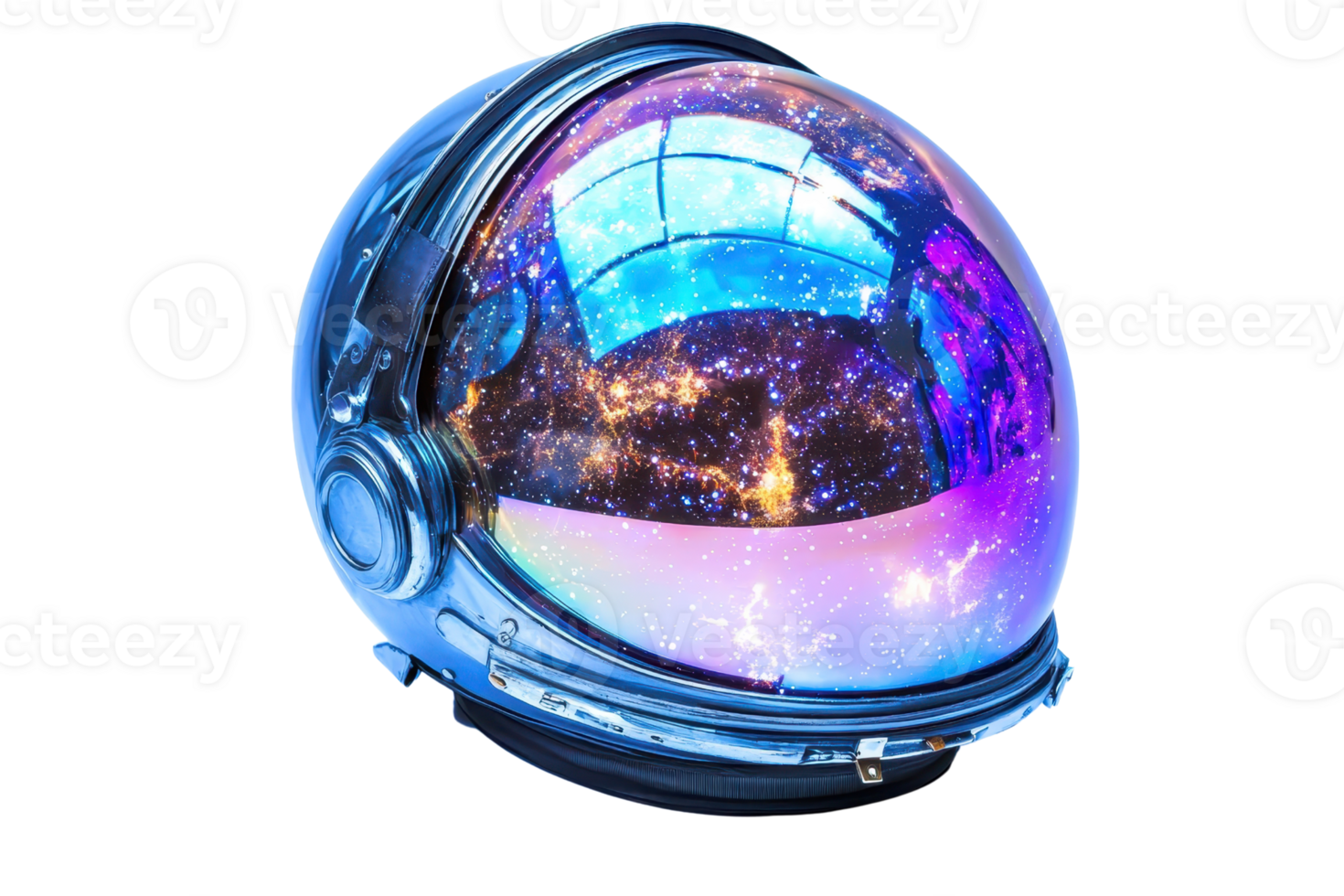 A futuristic astronaut helmet reflecting a vibrant cosmic scene with stars and galaxies. png