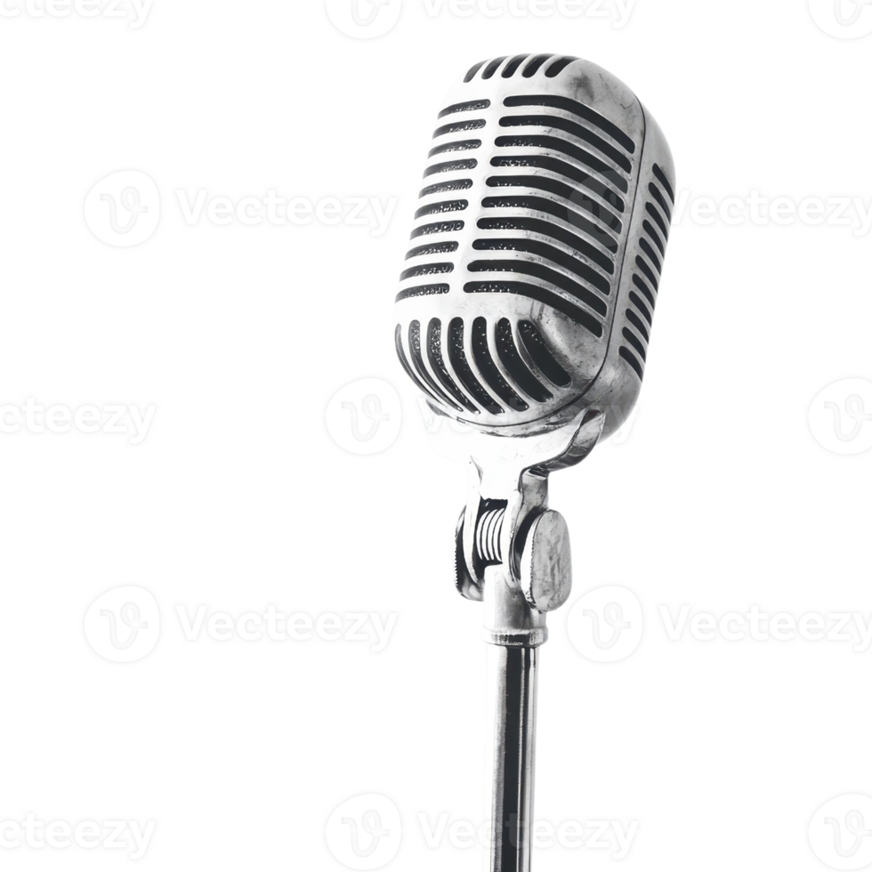 A vintage microphone with a classic design, showcasing intricate details and a polished metallic finish. png