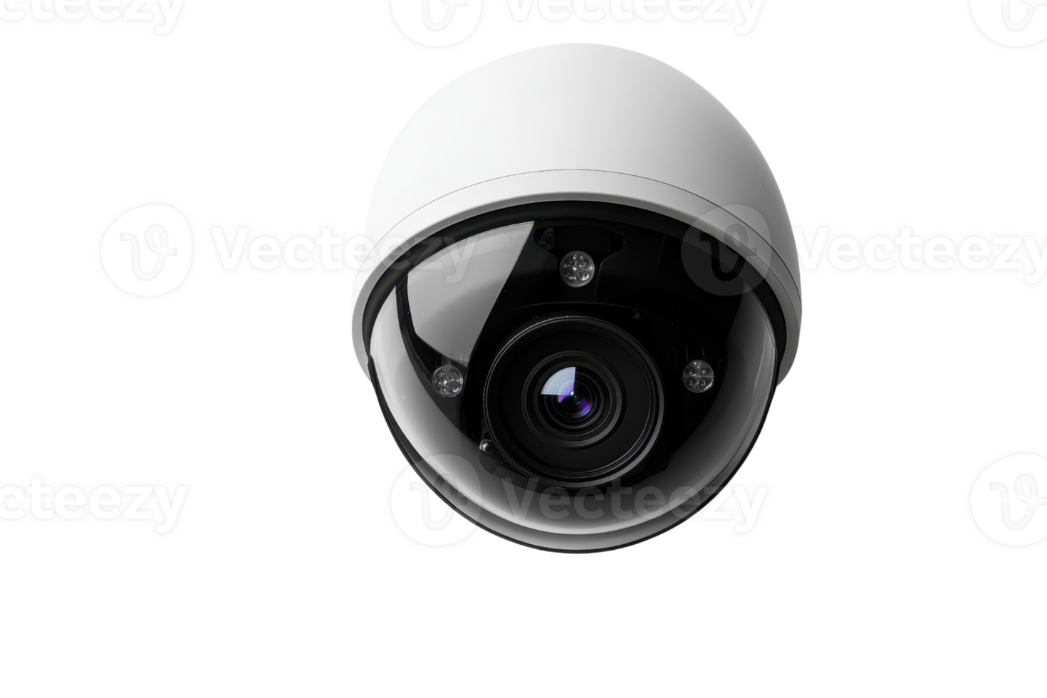A dome security camera with a sleek white exterior and a prominent lens, designed for surveillance purposes. png