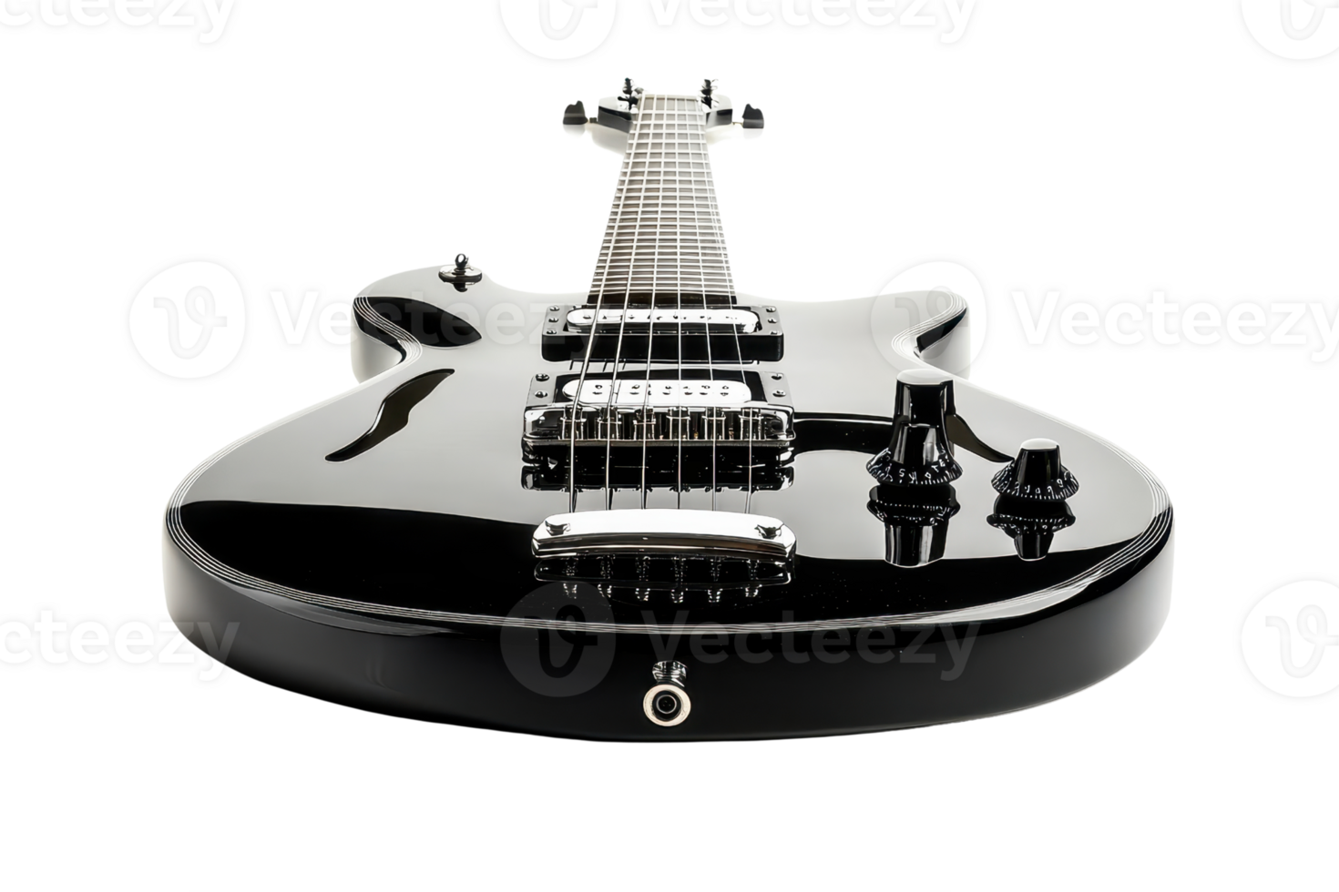 A sleek black electric guitar featuring a distinct body shape, six strings, and control knobs, showcasing its polished finish and craftsmanship. png