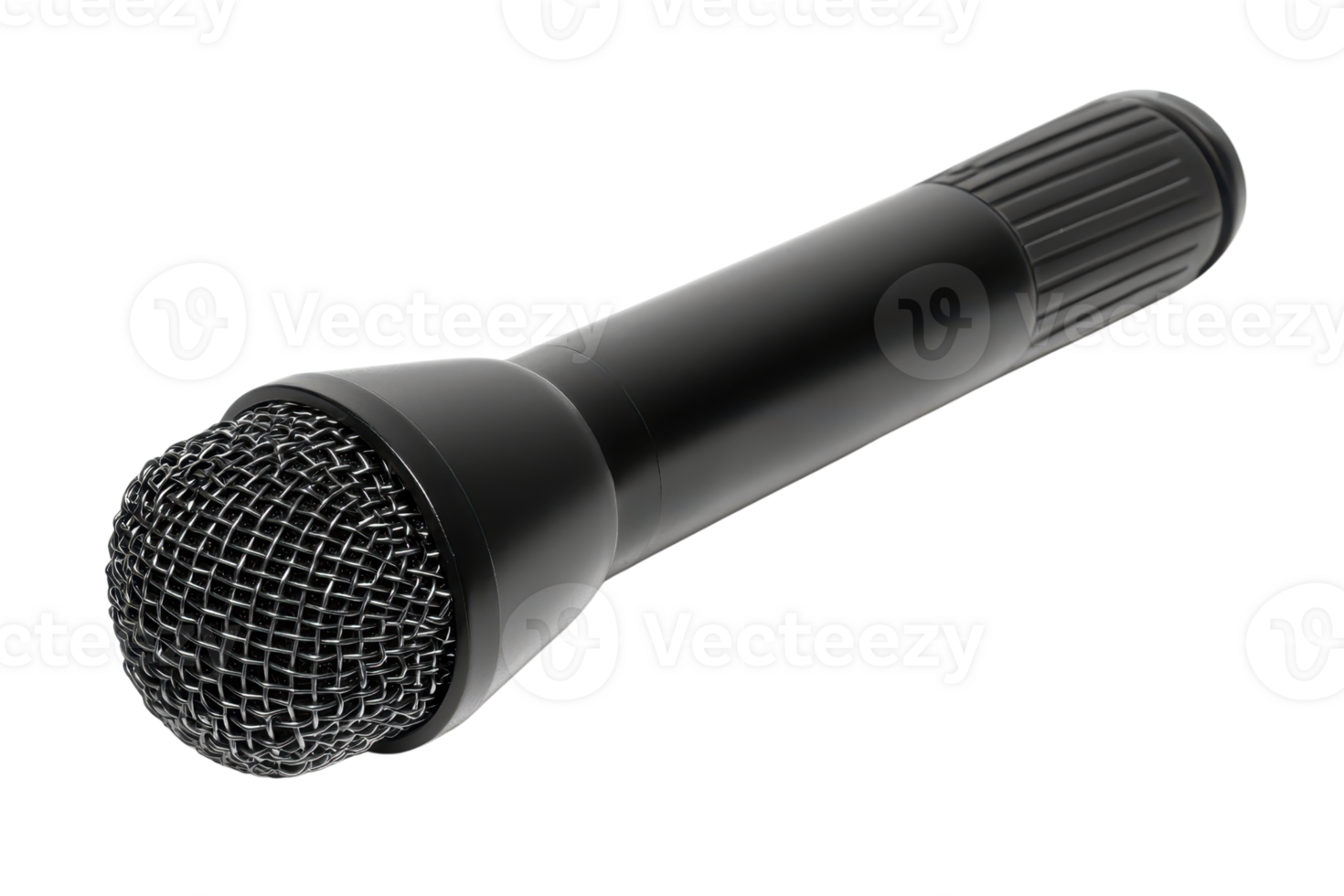 A black handheld microphone with a textured grip and mesh head, designed for vocal performance and sound recording. png