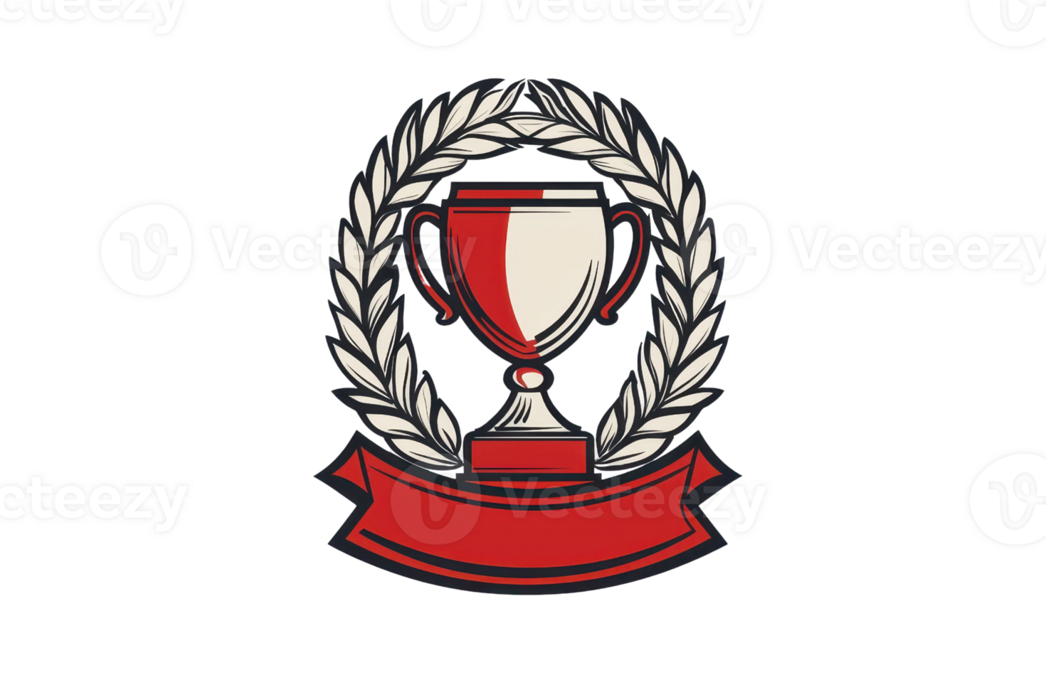 A trophy is adorned with laurel leaves and a red banner, symbolizing achievement and victory. png