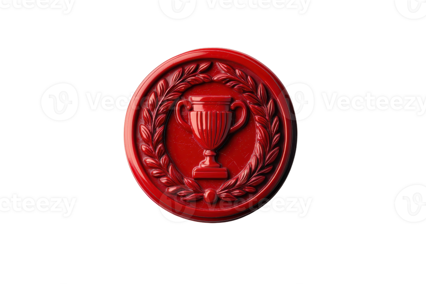 A circular red emblem featuring a trophy encircled by laurel leaves, symbolizing achievement and victory. png